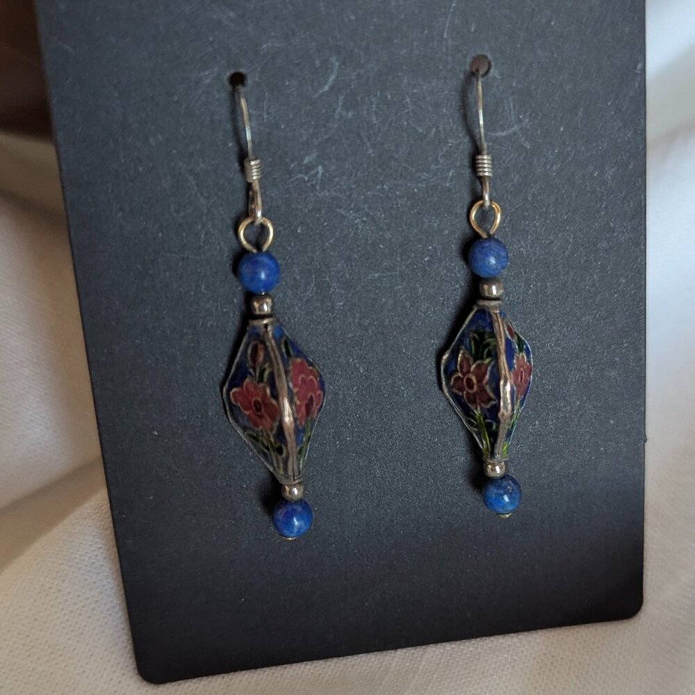 Vintage Cloisonne and Lapis Lazuli Beaded Earrings